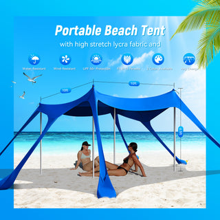 10x10ft 8-10 Person Beach Tent Canopy with 6 Sandbags, UPF50+ Sun Shade Portable Outdoor Sun Shelter Beach Tents, Easy Setup for Camping Trips, Fishing, Backyard Fun and Picnics - Dark Blue