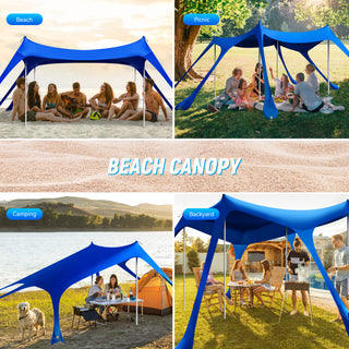 10x10ft 8-10 Person Beach Tent Canopy with 6 Sandbags, UPF50+ Sun Shade Portable Outdoor Sun Shelter Beach Tents, Easy Setup for Camping Trips, Fishing, Backyard Fun and Picnics - Dark Blue