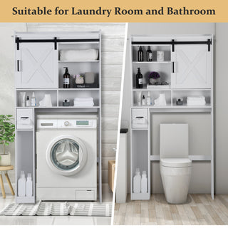 EVMORE Over The Toilet Storage Cabinet,Farmhouse Storage Cabinet Over The Toilets Shelf with 2 Barn Door & Toilet Paper Holder Stand,Home Space-Saving Toilet Rack,Bathroom Cabinets for Bathroom,Laundry