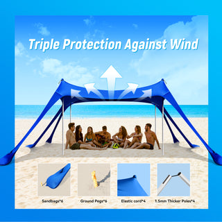 10x10ft 8-10 Person Beach Tent Canopy with 6 Sandbags, UPF50+ Sun Shade Portable Outdoor Sun Shelter Beach Tents, Easy Setup for Camping Trips, Fishing, Backyard Fun and Picnics - Dark Blue