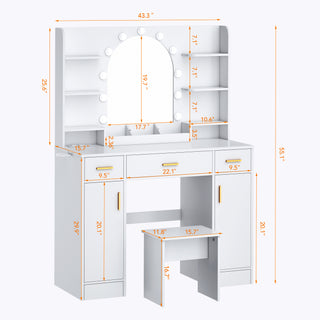 Large Vanity Desk with LED Lighted Mirror, Power Outlet, Drawers, Makeup Vanity Table Set with Stool and Hair Dryer Rack - White