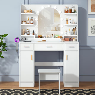 Large Vanity Desk with LED Lighted Mirror, Power Outlet, Drawers, Makeup Vanity Table Set with Stool and Hair Dryer Rack - White