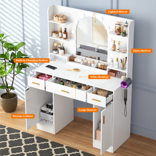 Large Vanity Desk with LED Lighted Mirror, Power Outlet, Drawers, Makeup Vanity Table Set with Stool and Hair Dryer Rack - White