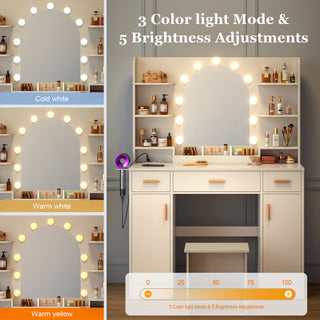 Large Vanity Desk with LED Lighted Mirror, Power Outlet, Drawers, Makeup Vanity Table Set with Stool and Hair Dryer Rack - White