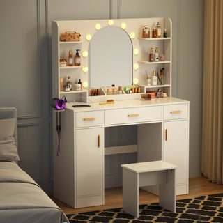 Large Vanity Desk with LED Lighted Mirror, Power Outlet, Drawers, Makeup Vanity Table Set with Stool and Hair Dryer Rack - White