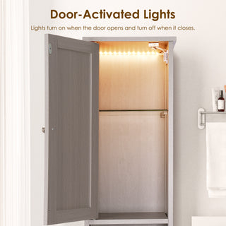 68.6"H Tall Bathroom Storage Cabinet with LED Lights, Tall Narrow Cabinet Freestanding Modern Linen Tower with Doors, Drawer & Adjustable Shelves for Bathroom, Living Room, Home Office - Gray