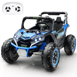 4WD Kids Ride on Car,24V Electric Off-Road UTV Truck,20" Spacious 2 Seat,7Ah Large Battery Electric Car with Remote Control,Safety Belt,Horn,Music,and Lights for Kids Aged 3-8 Years Blue
