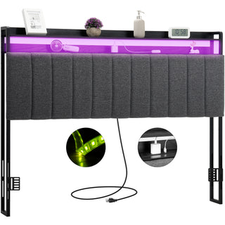 Queen Size Headboard with Storage / Outlets / USB Ports & RGB LED Light, Height Adjustable Comfortable Upholstered Headboards, Easy Assembly