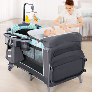5-in-1 Foldable Baby Bedside Bassinet,Baby Playard with Changing Table, Storage Shelf, Music for Newborn to Toddlers