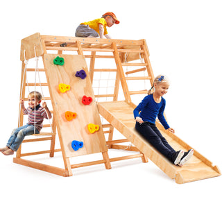 8 in 1 Indoor Playground Jungle Gym Montessori Wood Toddler Climber, Baby Climbing Toys Sports Climber Backyard Playset for Children Kids 2-8yrs, Natural Color