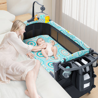 5-in-1 Foldable Baby Bedside Bassinet,Baby Playard with Changing Table, Storage Shelf, Music for Newborn to Toddlers