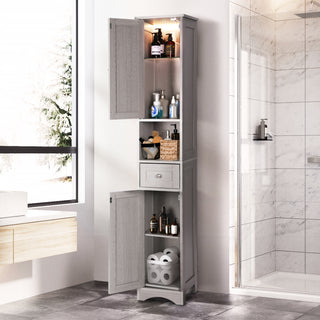 68.6"H Tall Bathroom Storage Cabinet with LED Lights, Tall Narrow Cabinet Freestanding Modern Linen Tower with Doors, Drawer & Adjustable Shelves for Bathroom, Living Room, Home Office - Gray