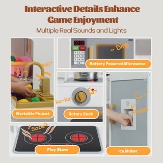 38"H Kids Wooden Kitchen Toy Playset Pretend Play Set with Oven, Microwave, Ice Maker, Refrigerator, Stove & 21Pcs Accessories for Toddlers, Preschoolers, Children