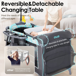 5-in-1 Foldable Baby Bedside Bassinet,Baby Playard with Changing Table, Storage Shelf, Music for Newborn to Toddlers