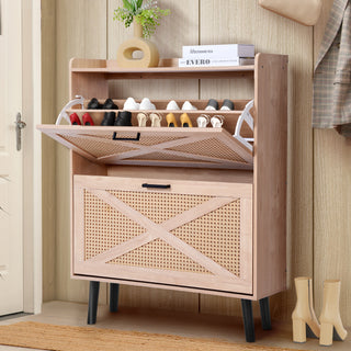 Rattan Shoe Storage Cabinet with 2 Flip Drawers, Freestanding Hidden Shoe Organizer Rack Space Saver for Entryway, Foyer, Hallway, Living Room