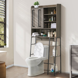 Over-the-Toilet Storage Cabinet with Adjustable Shelves, 66.9" H Freestanding Bathroom Organizer, Anti-Tip Design, Grey Walnut