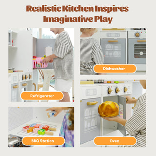 38"H Kids Wooden Kitchen Toy Playset Pretend Play Set with Oven, Microwave, Ice Maker, Refrigerator, Stove & 21Pcs Accessories for Toddlers, Preschoolers, Children