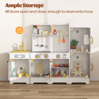38"H Kids Wooden Kitchen Toy Playset Pretend Play Set with Oven, Microwave, Ice Maker, Refrigerator, Stove & 21Pcs Accessories for Toddlers, Preschoolers, Children