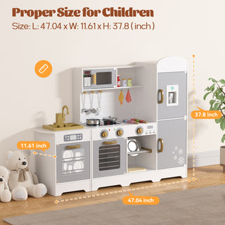 38"H Kids Wooden Kitchen Toy Playset Pretend Play Set with Oven, Microwave, Ice Maker, Refrigerator, Stove & 21Pcs Accessories for Toddlers, Preschoolers, Children