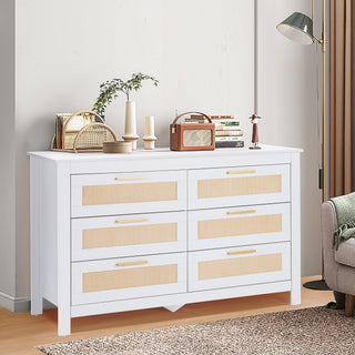 6-Drawer Rattan Dresser, Chest of Dressers, Wooden Long Storage Cabinet Bedside Table TV Stand for Bedroom, Living Room and Entryway