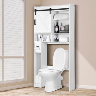 Over The Toilet Storage Cabinet,Farmhouse Storage Cabinet Over The Toilets Shelf with 2 Barn Door & Toilet Paper Holder Stand,Home Space-Saving Toilet Rack,Bathroom Cabinets for Bathroom,Laundry