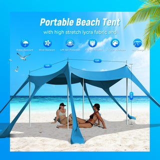 10x10ft 8-10 Person Beach Tent Canopy with 6 Sandbags, UPF50+ Sun Shade Portable Outdoor Sun Shelter Beach Tents, Easy Setup for Camping Trips, Fishing, Backyard Fun and Picnics - Navy