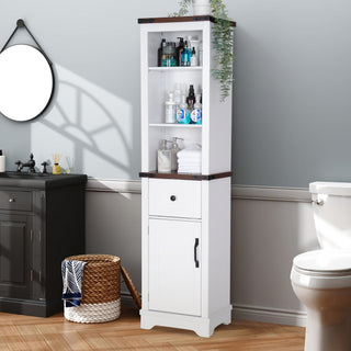 Bathroom Storage Cabinet, 6-Tier Tall Narrow Bathroom Cabinet Freestanding Tower with Adjustable Shelves and Doors for Bathroom, Living Room, Home Office