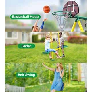 Metal Swing Sets for Backyard, Outdoor Playground Playset for Kids Aged 3-12 with Saucer Swing, Glider, Rope Swing & Basketball Hoop