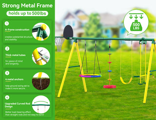 Metal Swing Sets for Backyard, Outdoor Playground Playset for Kids Aged 3-12 with Saucer Swing, Glider, Rope Swing & Basketball Hoop