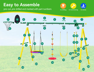 Metal Swing Sets for Backyard, Outdoor Playground Playset for Kids Aged 3-12 with Saucer Swing, Glider, Rope Swing & Basketball Hoop