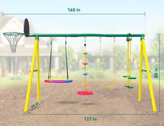Metal Swing Sets for Backyard, Outdoor Playground Playset for Kids Aged 3-12 with Saucer Swing, Glider, Rope Swing & Basketball Hoop