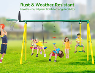 Metal Swing Sets for Backyard, Outdoor Playground Playset for Kids Aged 3-12 with Saucer Swing, Glider, Rope Swing & Basketball Hoop