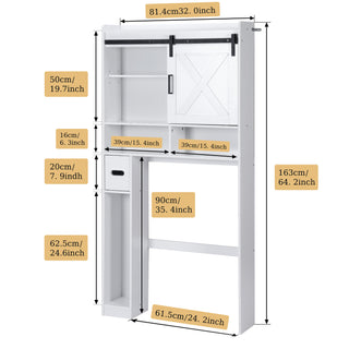 Over The Toilet Storage Cabinet,Farmhouse Storage Cabinet Over The Toilets Shelf with 2 Barn Door & Toilet Paper Holder Stand,Home Space-Saving Toilet Rack,Bathroom Cabinets for Bathroom,Laundry