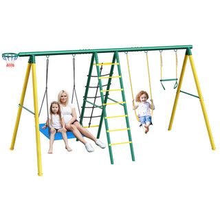 Yisufo Metal Swing Set for Backyard,Swing Sets Playground Swingset Outdoor for Kids with 2 Swings, Climbing Ladder & Nets, Trapeze Bar and Basketball Hoop