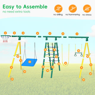 Yisufo Metal Swing Set for Backyard,Swing Sets Playground Swingset Outdoor for Kids with 2 Swings, Climbing Ladder & Nets, Trapeze Bar and Basketball Hoop