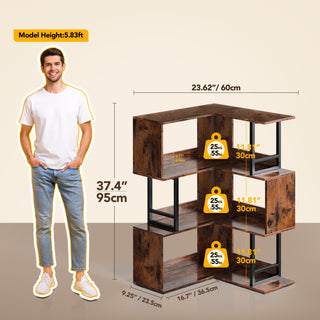 3-Tier Geometric Bookshelf, Corner Bookcase for Living Room, Home Office, or Bedroom, Rustic Industrial Design/Space-Saving Storage Organizer-Brown