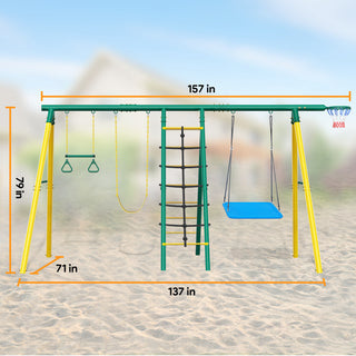 Yisufo Metal Swing Set for Backyard,Swing Sets Playground Swingset Outdoor for Kids with 2 Swings, Climbing Ladder & Nets, Trapeze Bar and Basketball Hoop