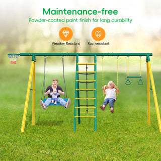 Yisufo Metal Swing Set for Backyard,Swing Sets Playground Swingset Outdoor for Kids with 2 Swings, Climbing Ladder & Nets, Trapeze Bar and Basketball Hoop