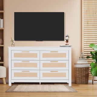 6-Drawer Rattan Dresser, Chest of Dressers, Wooden Long Storage Cabinet Bedside Table TV Stand for Bedroom, Living Room and Entryway