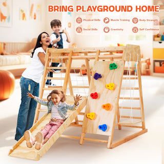 8 in 1 Indoor Playground Jungle Gym Montessori Wood Toddler Climber, Baby Climbing Toys Sports Climber Backyard Playset for Children Kids 2-8yrs, Natural Color