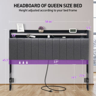 Queen Size Headboard with Storage / Outlets / USB Ports & RGB LED Light, Height Adjustable Comfortable Upholstered Headboards, Easy Assembly