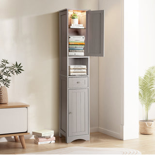 68.6"H Tall Bathroom Storage Cabinet with LED Lights, Tall Narrow Cabinet Freestanding Modern Linen Tower with Doors, Drawer & Adjustable Shelves for Bathroom, Living Room, Home Office - Gray
