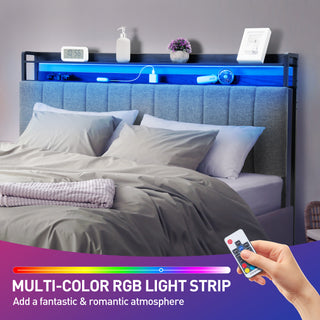 Queen Size Headboard with Storage / Outlets / USB Ports & RGB LED Light, Height Adjustable Comfortable Upholstered Headboards, Easy Assembly