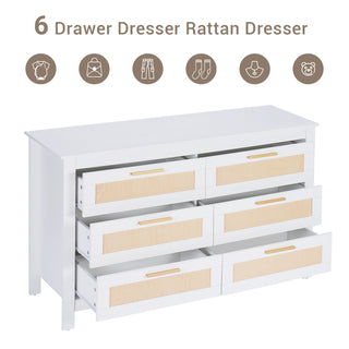 6-Drawer Rattan Dresser, Chest of Dressers, Wooden Long Storage Cabinet Bedside Table TV Stand for Bedroom, Living Room and Entryway