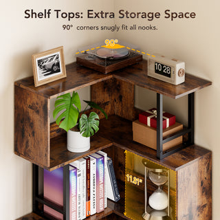 3-Tier Geometric Bookshelf, Corner Bookcase for Living Room, Home Office, or Bedroom, Rustic Industrial Design/Space-Saving Storage Organizer-Brown