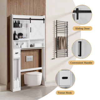 Over The Toilet Storage Cabinet,Farmhouse Storage Cabinet Over The Toilets Shelf with 2 Barn Door & Toilet Paper Holder Stand,Home Space-Saving Toilet Rack,Bathroom Cabinets for Bathroom,Laundry