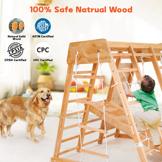 8 in 1 Indoor Playground Jungle Gym Montessori Wood Toddler Climber, Baby Climbing Toys Sports Climber Backyard Playset for Children Kids 2-8yrs, Natural Color