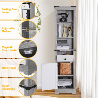 Bathroom Storage Cabinet, 6-Tier Tall Narrow Bathroom Cabinet Freestanding Tower with Adjustable Shelves and Doors for Bathroom, Living Room, Home Office