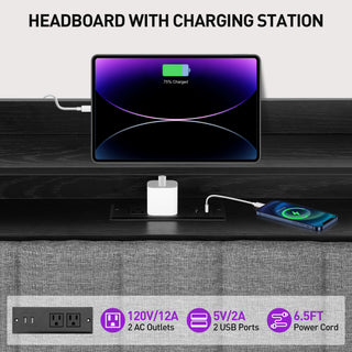 Queen Size Headboard with Storage / Outlets / USB Ports & RGB LED Light, Height Adjustable Comfortable Upholstered Headboards, Easy Assembly