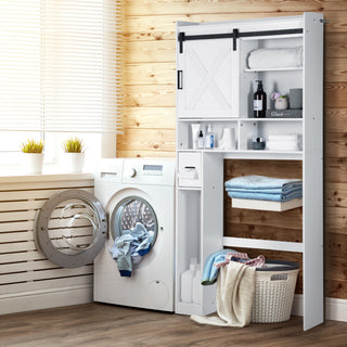 Over The Toilet Storage Cabinet,Farmhouse Storage Cabinet Over The Toilets Shelf with 2 Barn Door & Toilet Paper Holder Stand,Home Space-Saving Toilet Rack,Bathroom Cabinets for Bathroom,Laundry